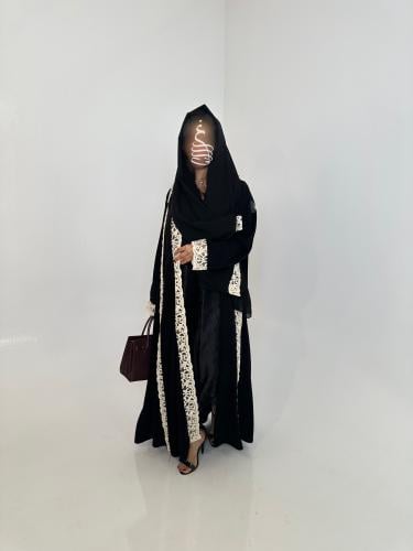 Black Linen Abaya with Beige Lace Details