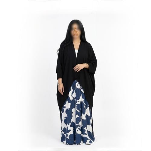 Half Black & White Abaya with Blue Floral Design