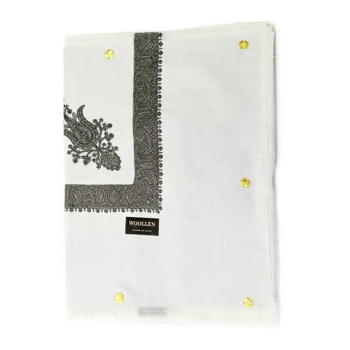 شال صوف كشميري نقش بني وخلفية بيضاء