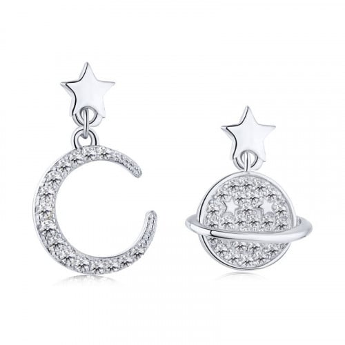 حلق هلال و كوكب من الفضة المطلية بالروديوم