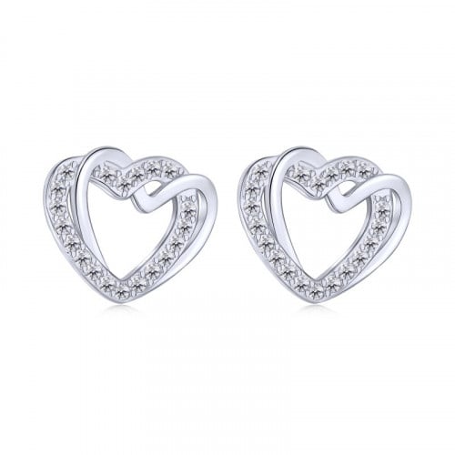 حلق قلبين من احجار الـCZ والفضة المطلية بالروديوم