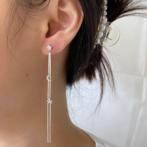 حلق هلال ونجم من الفضة المطلية بالروديوم