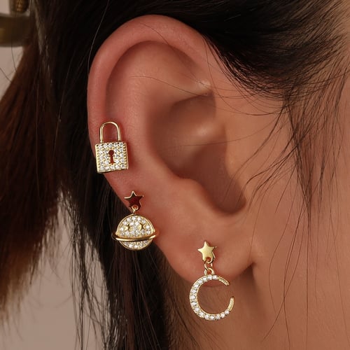 حلق هلال و كوكب من الفضة المطلية بالروديوم