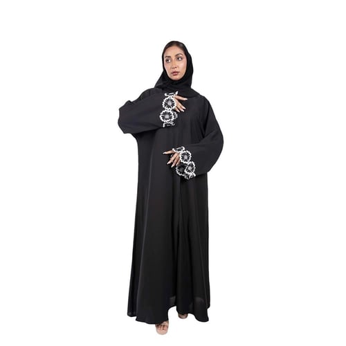 عباية كريب انترنت سوداء كلوش بكم وسيع مطرز زهور أب...