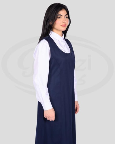 طقم مريول مدرسي ثانوي كحلي مخطط بقصة دائرية مع قمي...