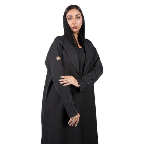 عباية بليزر كتان أسود بأزرار على الكم سوداء مع طرح...