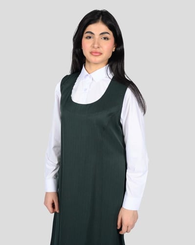 طقم مريول مدرسي زيتي مخطط للبنات برقبة دائرية وجيو...