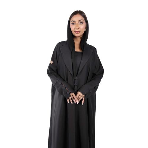عباية بليزر كتان أسود بأزرار على الكم سوداء مع طرح...