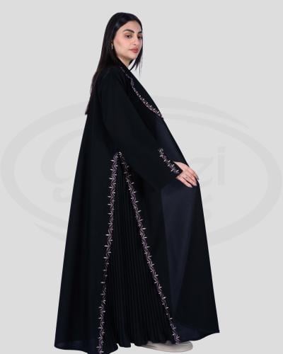 عبايه كتان لف دبل كلوش سوداء بتطريز على الأطراف وب...