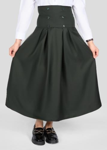 تنورة مدرسية بخصر عالي مع أزرار أمامية زيتي