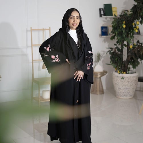 عباية بكم وسيع تطريز فضي مع زهري F