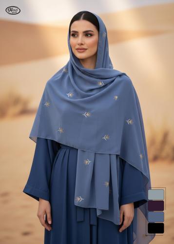 طرحة شيفون بتطريز أزهار ذهبية