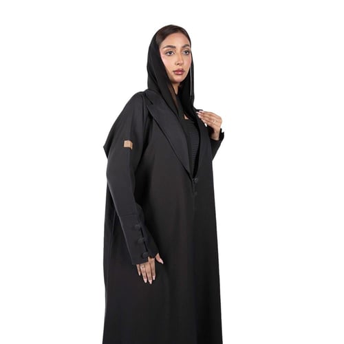 عباية بليزر كتان أسود بأزرار على الكم سوداء مع طرح...