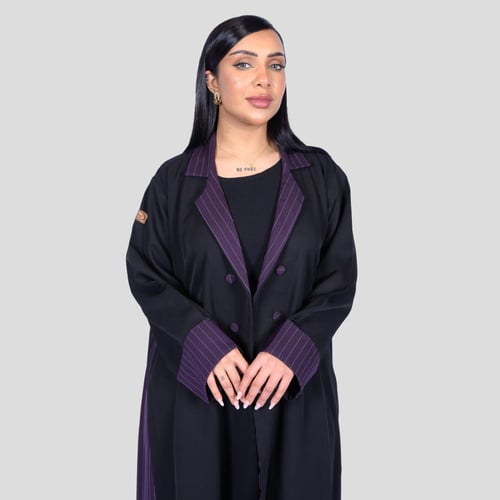 عباية لف رسمية اسود بتدخيلات بنفسجي مخطط