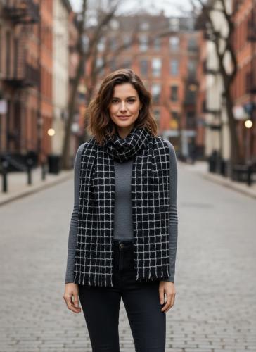 شال شتوي فاخر بمربعات أبيض وأسود