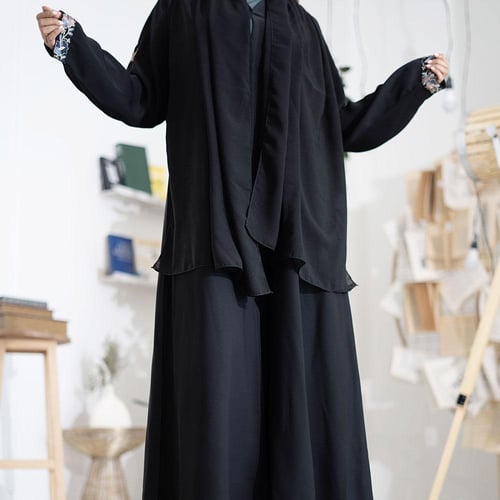 عباية كريب انترنت كلوش مطرزة زهور ملون على الكم و...