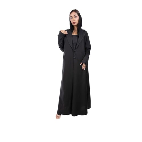 عباية بليزر كتان أسود بأزرار على الكم سوداء مع طرح...