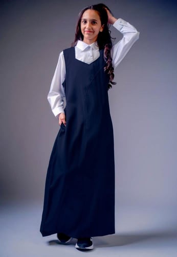 طقم مريول ثانوي كحلي مخطط بقجيب وربطة خلفية مع قمي...