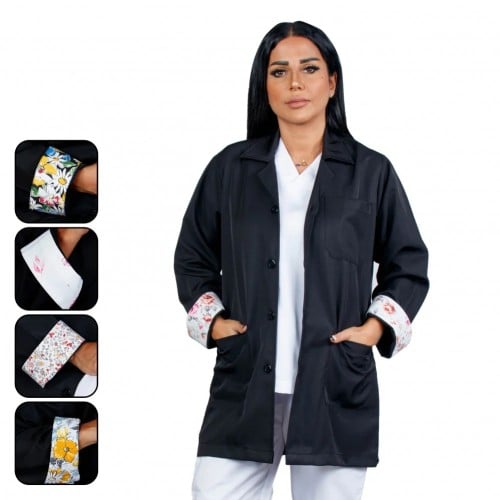 بالطو طبي للجنسين أسود بننقشة بالكم Kenzi