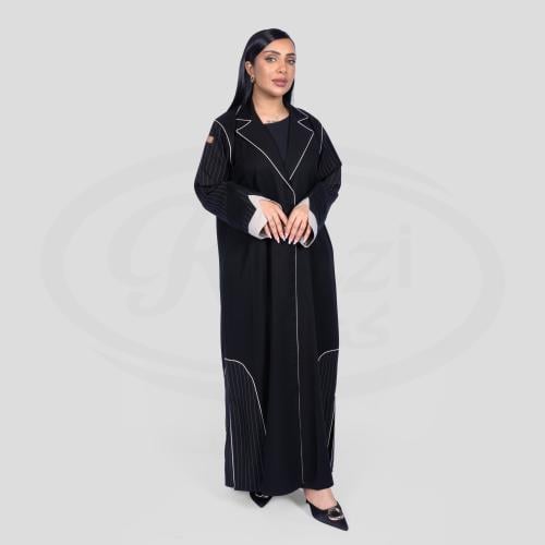 عباية لف أنيقة اسود بتدخيلات بيج F