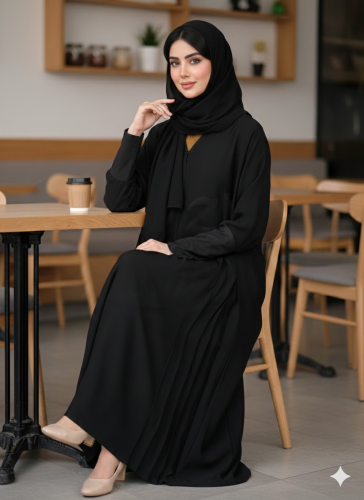 عباية إنترنت سوداء بكسرات جانبية وأكمام نصف استرتش