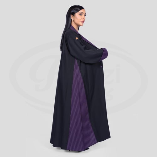 عباية لف رسمية اسود بتدخيلات بنفسجي مخطط