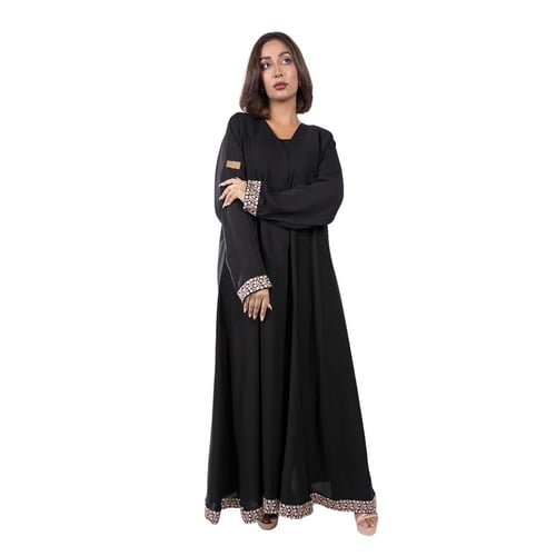 عباية كلوش بتطريز زهور ملون على الكم و الأسفل كريب...