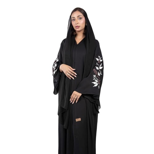 عباية انترنت كلوش سوداء بأكمام واسعه مطرزة ابيض وب...