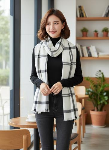 شال نسائي شتوي مقلم بأبيض وأسود