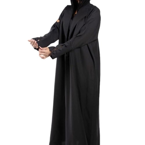 عباية بليزر كتان أسود بأزرار على الكم سوداء مع طرح...