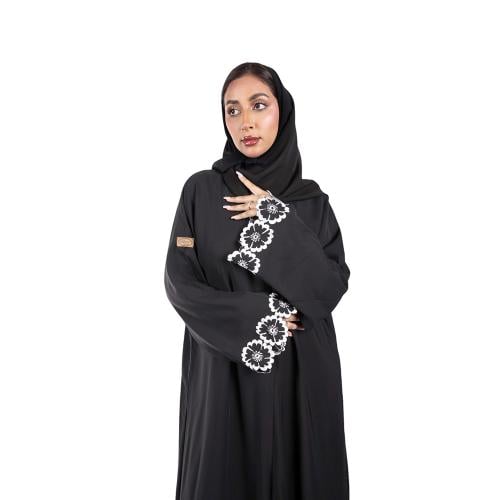 عباية كريب انترنت سوداء كلوش بكم وسيع مطرز زهور أب...