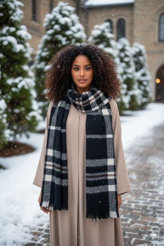 شال شتوي نسائي فاخر بنقشة كلاسيكية وألوان دافئة