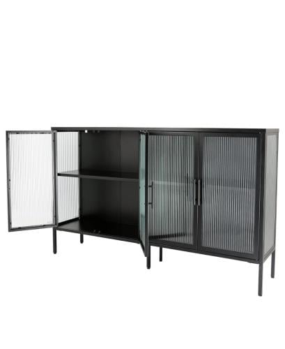 Black metal buffet cabinet with ribbed glass doors