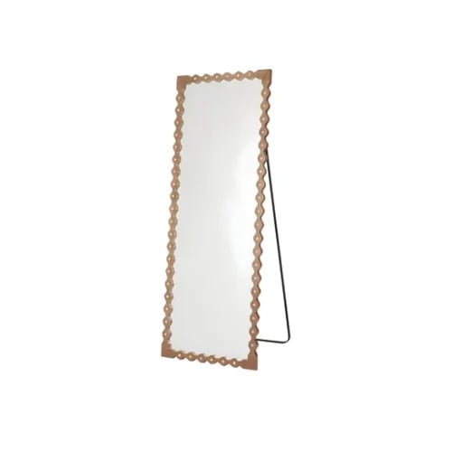 A wooden longitudinal mirror with a wavy frame
