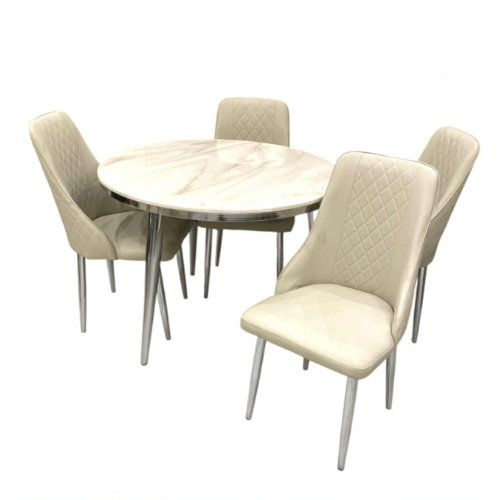 طاولة طعام رخامية دائرية بيج بقواعد ذهبية مع 4كراس...