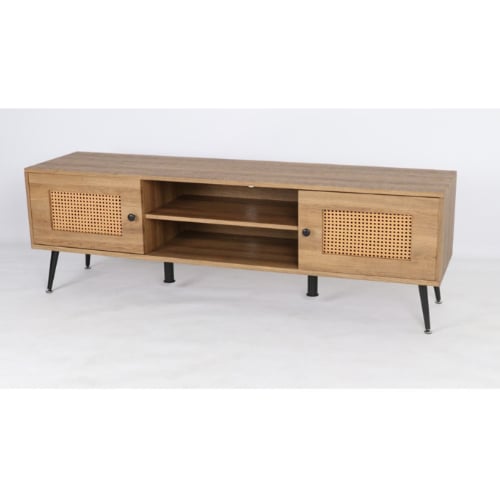 طاولة تلفزيون خشب فاتح بابواب رتان ممتاز