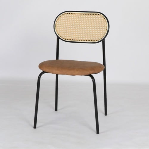 كرسي مقعد جلد وظهر راتان كشاف