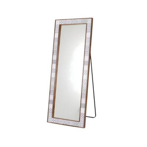 A longitudinal mirror with a decorated frame