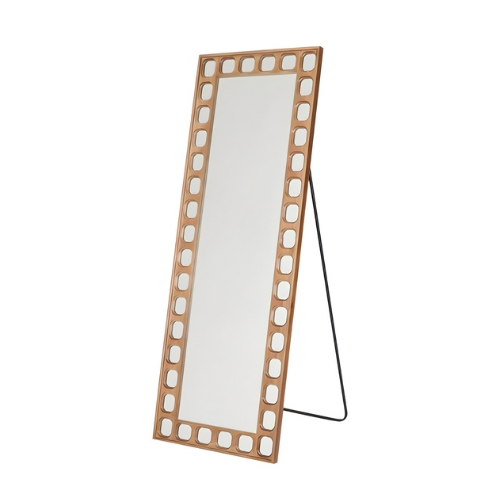 A wooden longitudinal mirror with a frame of geome...