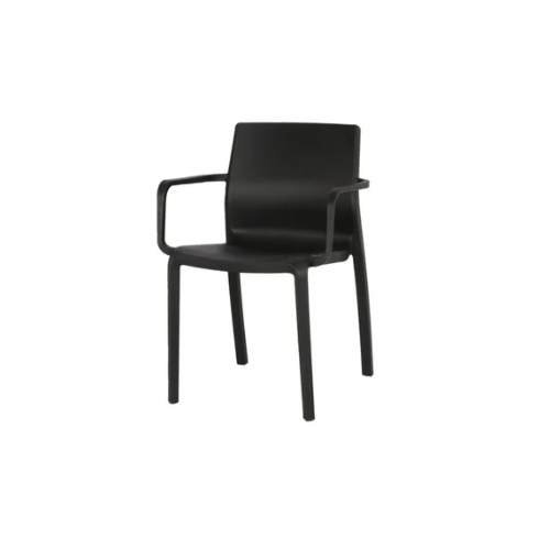 A durable black outdoor chair with a modern comfor...