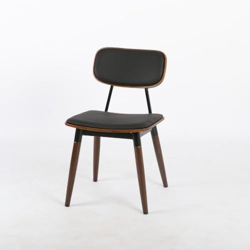 كرسي مفرد خشبي غامق بظهر ومقعد جلد اسود