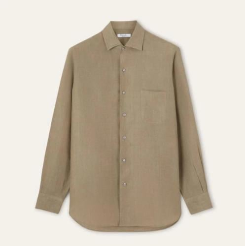 قميص لينن لورو بيانا رجالي بأزرار لون بني فاتح