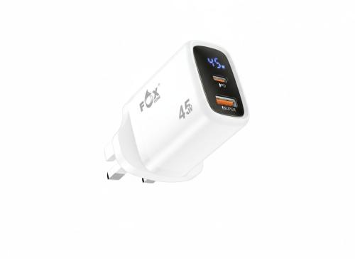شاحن من FOX CORE النوع C بقوة 45 واط، بمنفذين (USB...
