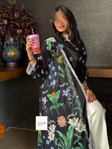 عباية بلسم حرير صيفي بارد اسود مع الوان