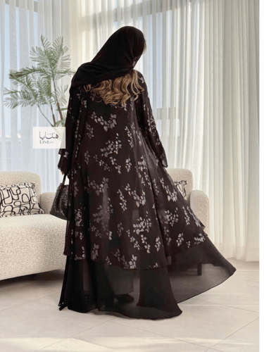 عباية توهج قماش شيفون مبطن اسود طبعات فضيه
