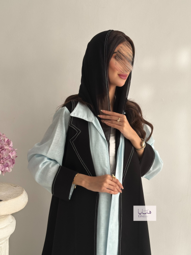 عباية نجاح قماش كتان ولنن لون سماوي