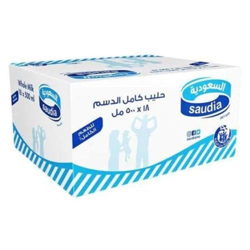 السعوديه حليب طويل الاجل كامل الدسم ٥٠٠ مل ×١٨ حبه