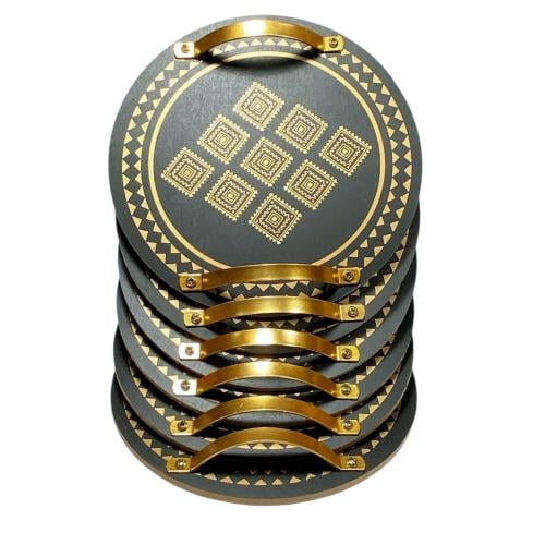 صحن تقديم خشبي فاخر - تصميم أسود بنقش ذهبي مع مقبض...