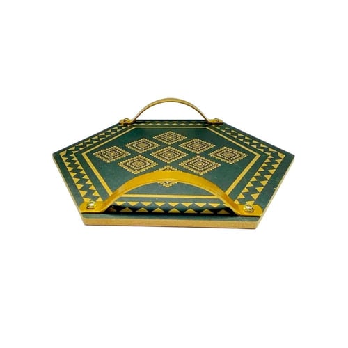 صحن تقديم خشبي فاخر - تصميم أسود بنقش ذهبي مع مقبض...