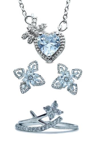 A collection of luxurious silver products adorned with diamond-like zircon stones (necklace, earrings, ring)